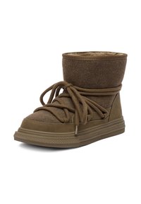 Brązowe wysokie trampki z miękką, filcową cholewką, gumową podeszwą i grubymi sznurowadłami. Posiadają wyściółkę kołnierza oraz fakturowane detale po bokach.