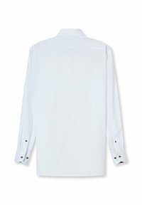 Weißes Langarmhemd mit klassischem Kragen, versehen mit geknöpften Manschetten und einer glatten, einfarbigen Textur. Rückansicht gezeigt, ohne Muster oder Grafiken.