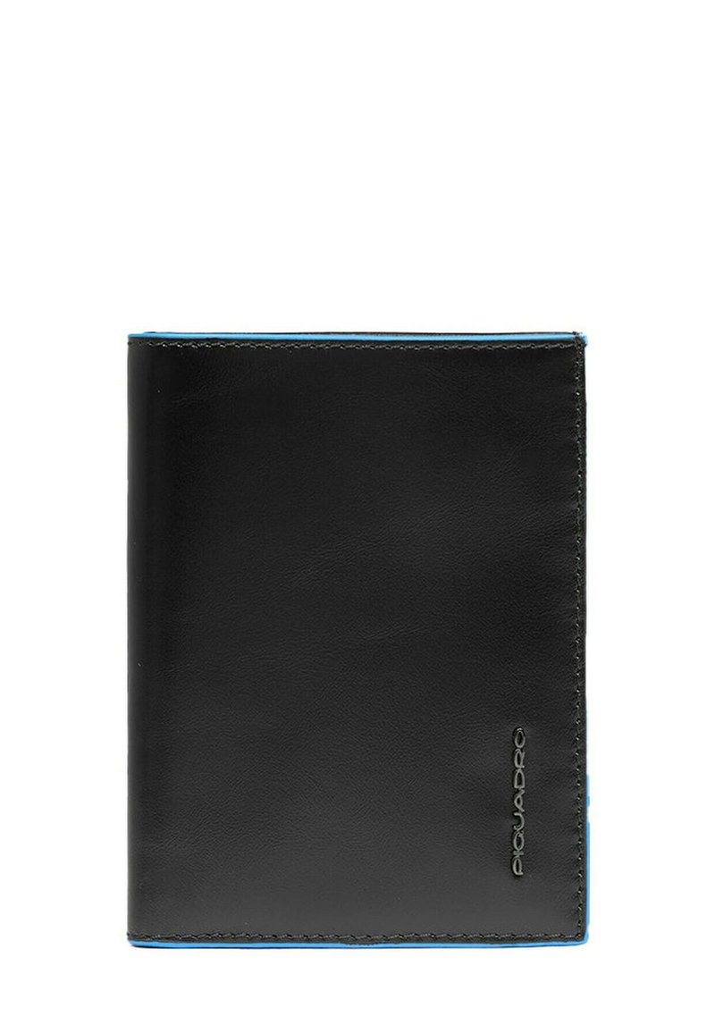 Zwarte leren portemonnee met blauwe stikaccenten, slank profiel en geperst logo. Glad oppervlak, eenvoudig ontwerp, rechthoekige vorm.