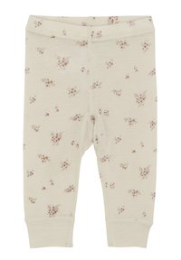 Beige leggings van zacht materiaal, met een verspreid bloemenpatroon in zachte roze en bruine tinten, voorzien van een elastische tailleband en enkelboorden.