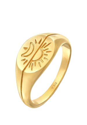 Bague en or gravée d'un soleil sur une moitié et d'un croissant de lune sur l'autre, marquée "925" à l'intérieur de l'anneau.