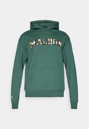 Green hooded sweatshirt featuring a front kangaroo pocket, ribbed cuffs, and the word "MALBON" in plaid pattern on the chest.