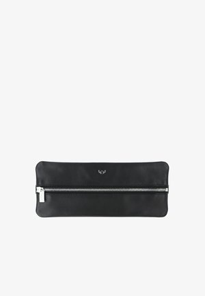 Schwarze rechteckige Lederetui mit einem horizontalen silbernen Reißverschluss und einem kleinen eingeprägten Logo oberhalb des Reißverschlusses.