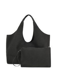 Geantă tote din piele neagră, cu un compartiment mare deschis în partea de sus și o borsetă mică detașabilă cu fermoar. Textură netedă și design minimalist.