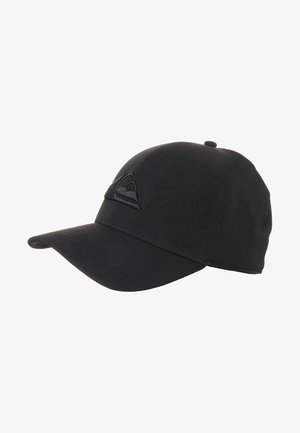 Sort baseballkasket med buet skygge og hævet broderet trekantet logo på frontpanelet, vist mod en hvid baggrund.