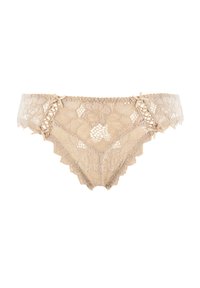 Culottes en dentelle de couleur chair avec des motifs floraux, des bords festonnés et des nœuds décoratifs de chaque côté. Texture douce et design détaillé.