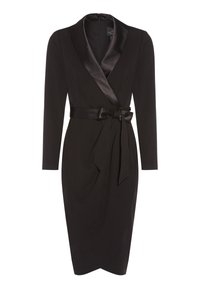 Schwarzes Wickelkleid aus strukturierter Stoff, mit langen Ärmeln, satinierter Kragen und einem passenden Gürtel, der in der Taille gebunden wird. Figurbetonte Silhouette.