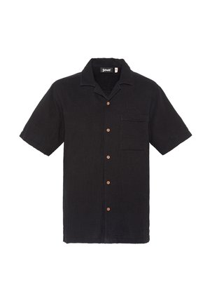 Chemise noire à manches courtes, boutonnée, avec col et poche poitrine, ornée de boutons marron contrastants et d'un logo brodé discret.
