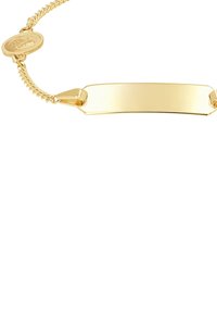Bracciale in oro con un design a catena e una placca piatta incisa. Presenta un attacco a medaglione rotondo per un ulteriore dettaglio.