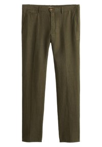 Olijfgroene, linnenmix broek met een rechte snit, knoopsluiting en twee zijzakken. Zachte textuur en lichte uitstraling.