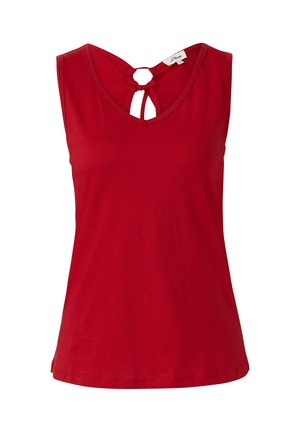 Red sleeveless top with a V-neck and a keyhole back detail, made of soft fabric, featuring a smooth texture and clean, simple design.