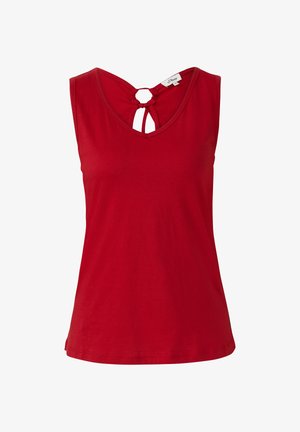 Red sleeveless top with a V-neck and a keyhole back detail, made of soft fabric, featuring a smooth texture and clean, simple design.