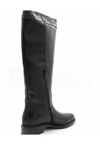 Botte en cuir noir montante avec une fermeture éclair sur le côté, bout rond et finition lisse. Semelle robuste avec un léger talon.