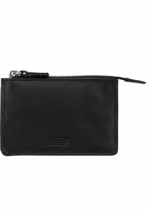 Cartera de cuero negra con cremallera superior, forma rectangular y logo en relieve cerca del centro inferior.