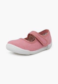 Pink canvas Mary Jane shoe with a Velcro strap and white rubber sole. Features a textured outer surface and a patterned inner lining.