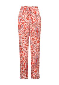 Gemusterte Hose mit einem rot-blauen Paisleymuster auf einem cremefarbenen Hintergrund, mit einem elastischen Bund und lässiger Passform.