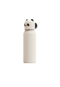Borraccia in acciaio inossidabile bianca con un tappo a forma di panda dotato di orecchie nere e design del viso. Texture liscia e forma cilindrica.