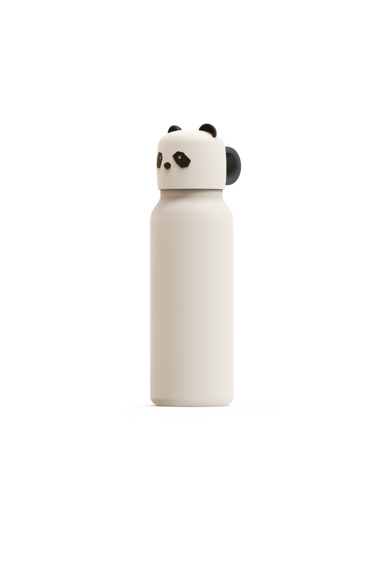 Borraccia in acciaio inossidabile bianca con un tappo a forma di panda dotato di orecchie nere e design del viso. Texture liscia e forma cilindrica.