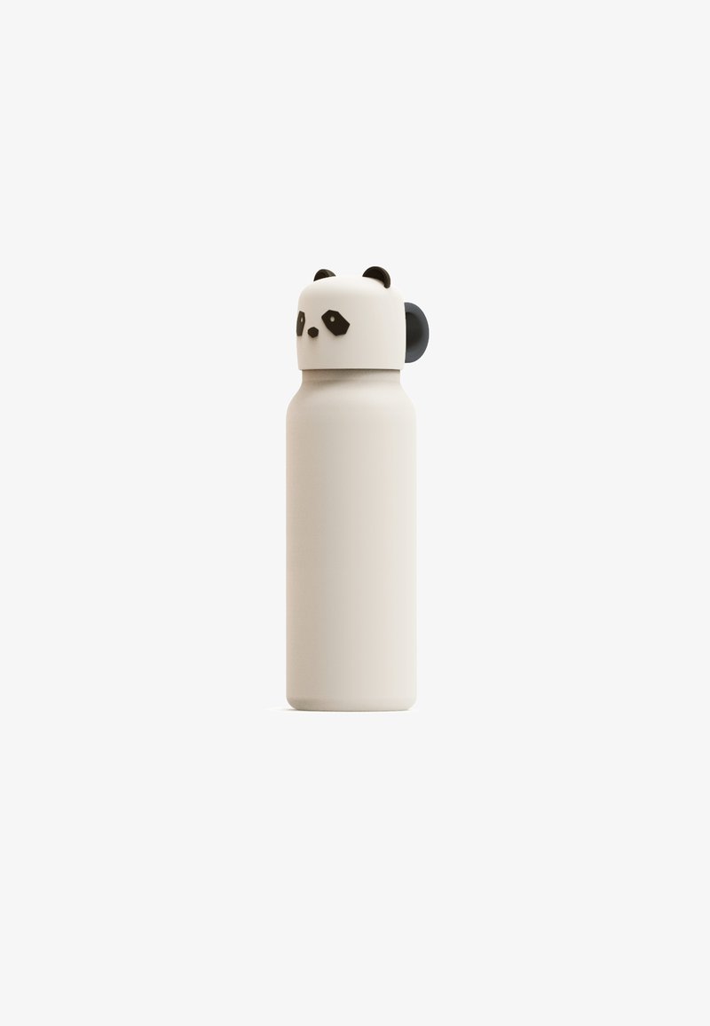 Borraccia in acciaio inossidabile bianca con un tappo a forma di panda dotato di orecchie nere e design del viso. Texture liscia e forma cilindrica.
