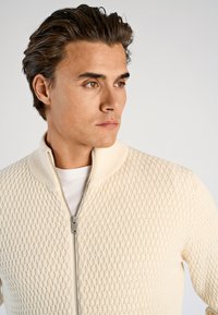 Kremowy sweter zapinany na suwak z teksturowanym wzorem diamentowym, ściągaczem na kołnierzu i srebrnym zamkiem, noszony na białej koszuli.