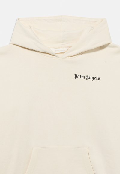 Beež kapuutsiga dressipluus esikotiga ja väikese musta "Palm Angels" tekstilogoga ülemisel vasakul rinnal.