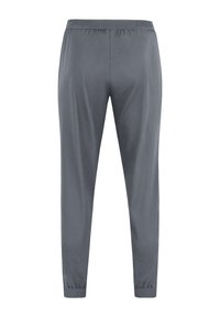 Dunkelgraue Sporthose mit einem elastischen Bund, tailliertem Schnitt und gerippten Bündchen an den Knöcheln. Glatte Textur mit minimaler Detailgestaltung.