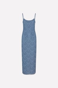 Blue satin slip dress with delicate white floral embroidery, spaghetti straps, and a straight cut, reaching mid-calf length.