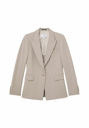 Beežikate ühekinnise kärbitud bleiser nurgalöövadega, kahe klapiga tasku, rinnatasku ja nööbitavate varrukatega, esitatakse valgel taustal lahtilainetatuna.