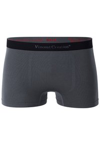 Boxer aderenti grigi realizzati in poliestere ed elastan. Presentano un cinturino nero con il nome del marchio "Vincent Creation" e accenti rossi.
