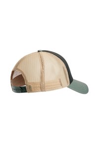 Tan mesh back cap with a dark green front panel and visor; features adjustable snap closure; stitching detail on the brim.