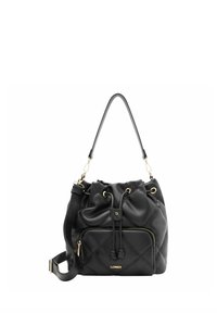 Borsa secchiello nera trapuntata in finta pelle liscia, con chiusura a coulisse, tasca frontale con zip e dettagli in metallo color oro.