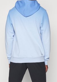Felpa blu chiaro con una sfumatura di colore graduale. Design testurizzato sulla parte superiore della schiena, polsini e fondo a costine, con un piccolo logo del marchio.