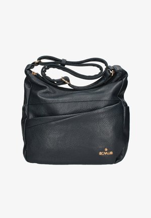 Schwarze Lederhandtasche mit strukturiertem Finish, im lässigen Design, mit doppelten Trägern und einem goldenen Logodetail auf der Vorderseite.