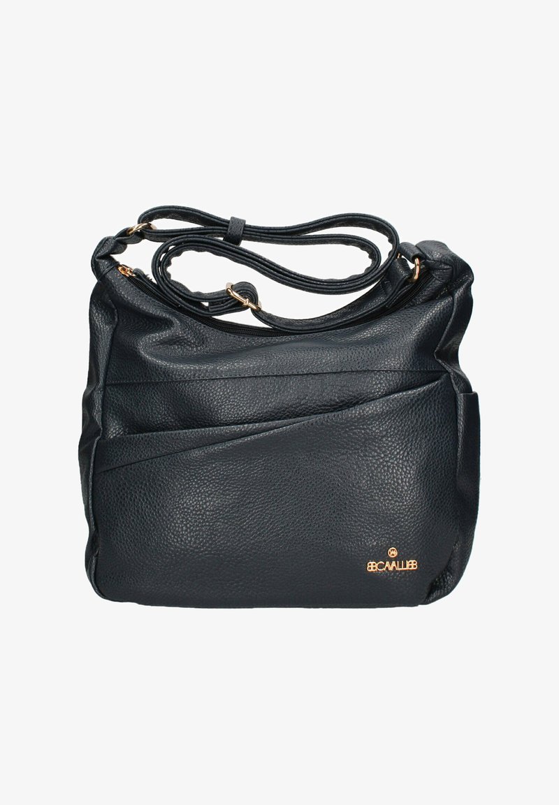 Borsa a mano in pelle nera con finitura texturizzata, caratterizzata da un design morbido, manici doppi e un dettaglio logo dorato sul davanti.