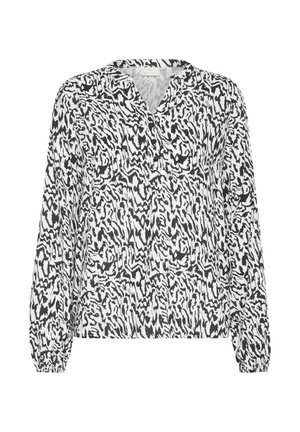 Halenka s dlouhým rukávem v černo-bílém abstraktním vzoru, s výstřihem do V, nařasenými manžetami a lehkým materiálem s texturovaným povrchem.