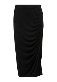 Jupe noire mi-longue en tissu doux avec des détails froncés sur les côtés et une taille élastique pour un ajustement confortable.