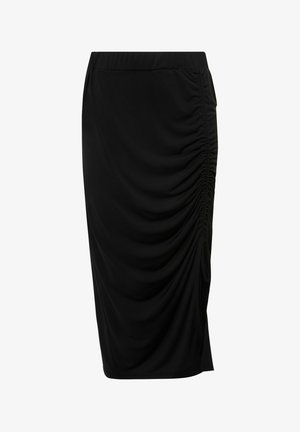 Czarna spódnica do kolan wykonana z miękkiego materiału, z detailami w formie marszczeń po bokach oraz elastycznym pasem dla komfortowego dopasowania.