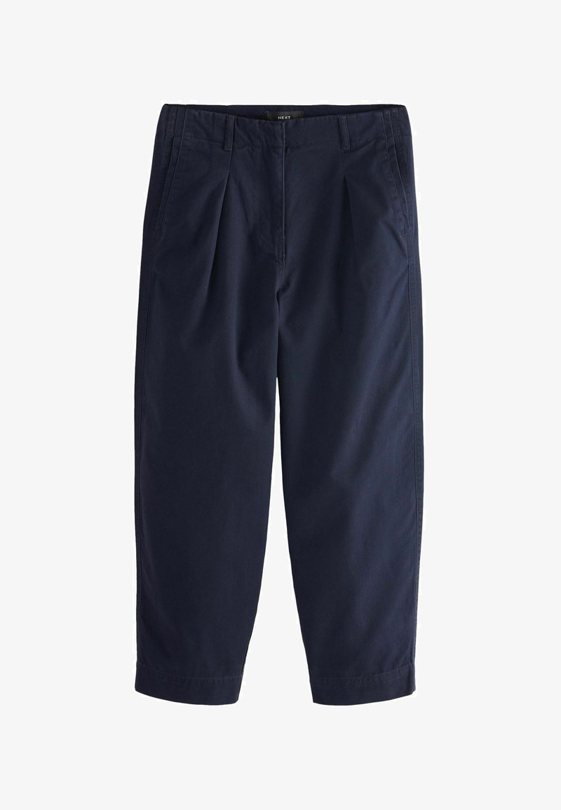 Navy blue cotton trousers with a pleated front, tapered legs, and two side pockets. Smooth texture and no visible patterns.