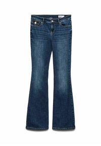 Opravljene jeans hlače v temno indigo barvi z blagim zbledelostjo, petimi žepi in podrobnostmi iz kovine, z značilnim pasom in ravnim krojem.