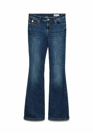 Jean en denim évasé en indigo foncé avec un léger dégradé, cinq poches et des détails en métal, présentant une taille classique et une coupe droite.