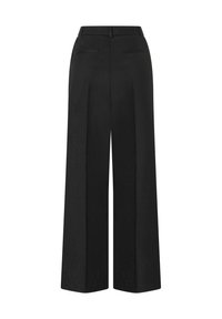 Zwarte wijde broekspijpen gemaakt van een gestructureerde stof. Voorzien van een hoge taille, twee achterzakken en een scherpe plooi aan de voorkant.