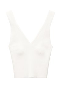 Fehér bordázott crop top mély V-kivágással és széles pántokkal. Jellemzője az illeszkedő, textúrált dizájn finom varrási részletekkel.