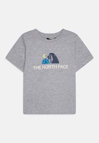 Šedé bavlnené tričko s krátkymi rukávmi s grafickým dizajnom hory a mesiaca, označené "THE NORTH FACE" v bielej farbe.