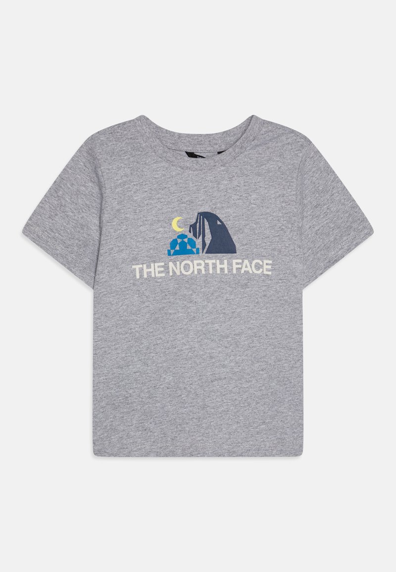 Siva bomba majica iz bombaža s kratkimi rokavi, ki prikazuje grafično zasnovo gore in lune, z napisom "THE NORTH FACE" v beli barvi.