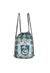 Zugbandtasche mit dem Slytherin-Wappen auf einem grün-grauen Argyle-Muster, mit einem Schlangenmotiv und schwarzen Schnüren. Leichtes und strapazierfähiges Material.