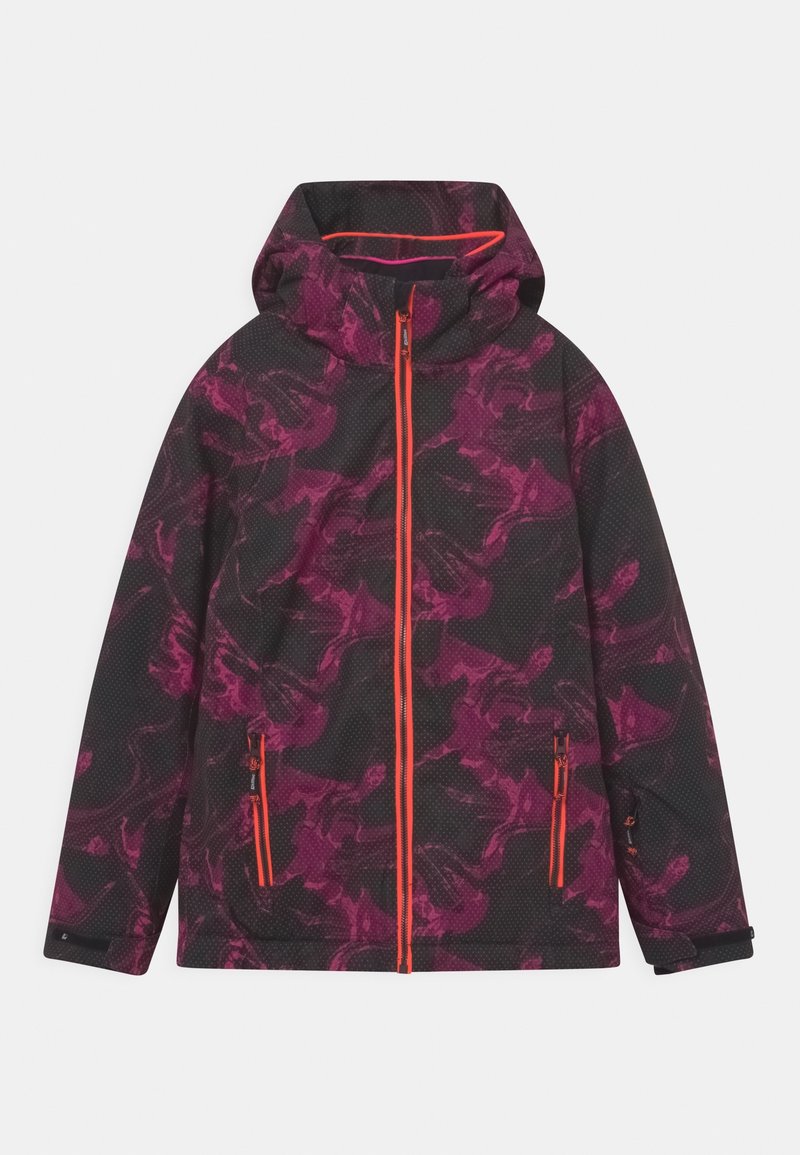 Veste foncée avec motif camouflage violet, fermeture éclair orange vif et détails de poche, avec capuche attachée.