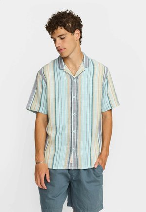 Short-sleeve button-up shirt in striped light blue, cream, and gray hues. Features a collar and a relaxed fit, made of breathable fabric.
