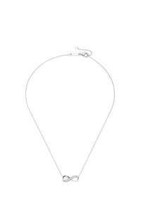 Silver necklace featuring an infinity symbol pendant adorned with small clear crystals on one side, with a delicate chain and clasp closure.