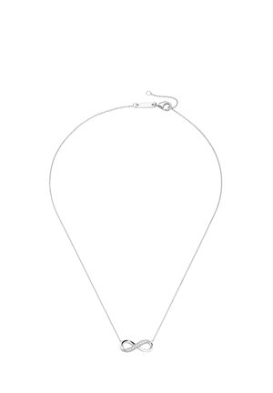 Silver necklace featuring an infinity symbol pendant adorned with small clear crystals on one side, with a delicate chain and clasp closure.