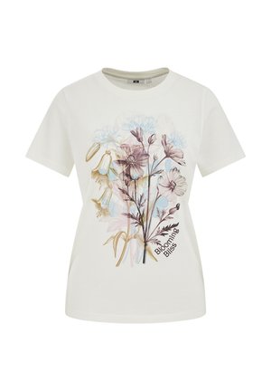 T-shirt blanc à manches courtes avec un motif floral pastel et le texte « Blooming Bliss » au centre devant.